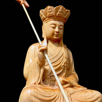 Wooden statue of Earth Store Bodhisattva riding a beast Hand-carved in solid wood Home Living Room, Room Feng Shui Statue