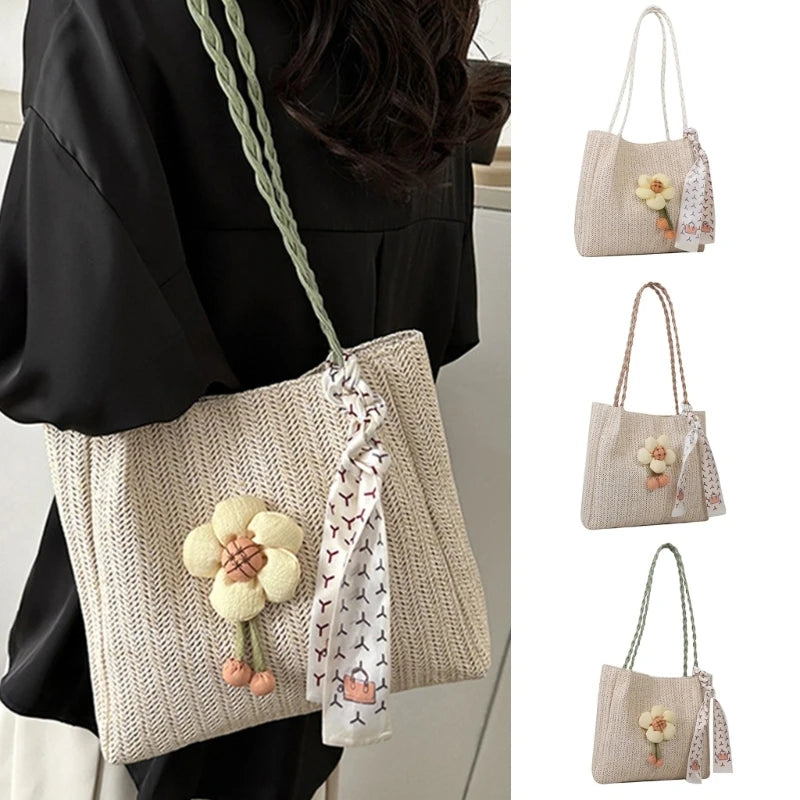 Woven Shoulder Bag Casual Handbag Large Capacity Beach Bag for Women Girl Fashion Trendy Tote Bag Straw Weave Bucket Bag