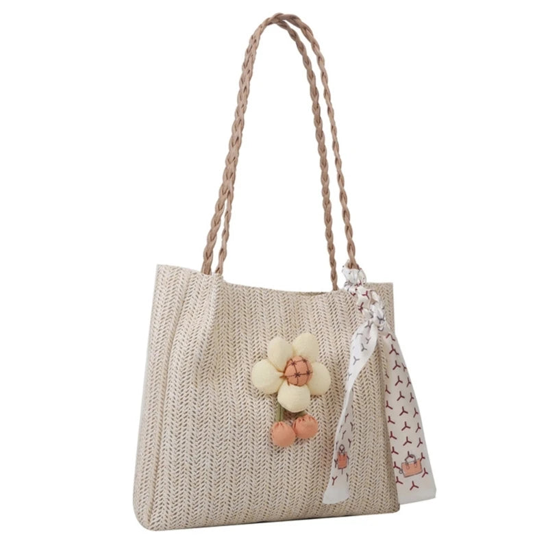 Woven Shoulder Bag Casual Handbag Large Capacity Beach Bag for Women Girl Fashion Trendy Tote Bag Straw Weave Bucket Bag