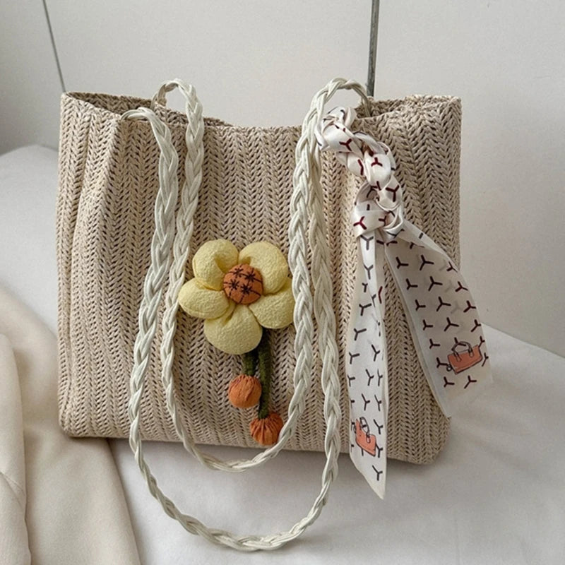 Woven Shoulder Bag Casual Handbag Large Capacity Beach Bag for Women Girl Fashion Trendy Tote Bag Straw Weave Bucket Bag
