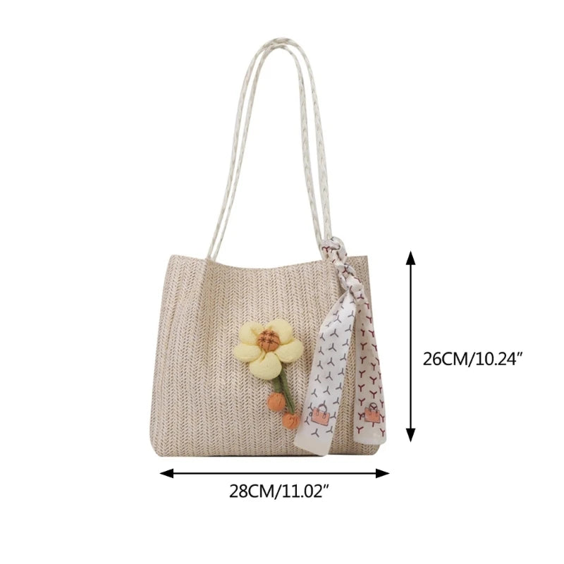 Woven Shoulder Bag Casual Handbag Large Capacity Beach Bag for Women Girl Fashion Trendy Tote Bag Straw Weave Bucket Bag