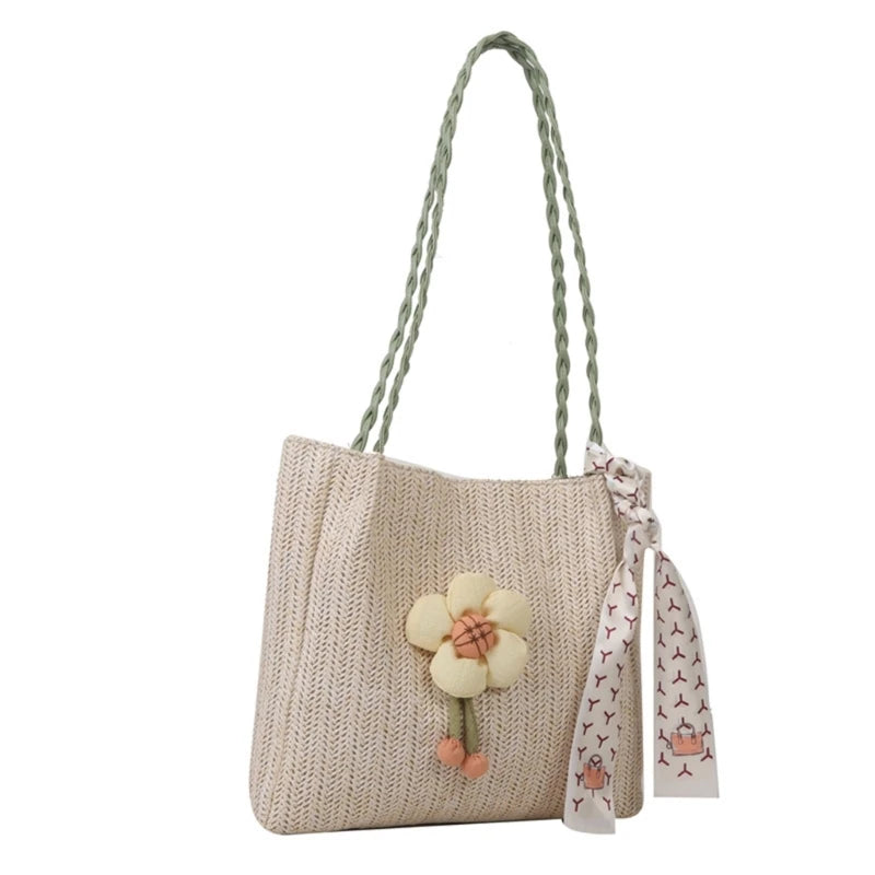 Woven Shoulder Bag Casual Handbag Large Capacity Beach Bag for Women Girl Fashion Trendy Tote Bag Straw Weave Bucket Bag