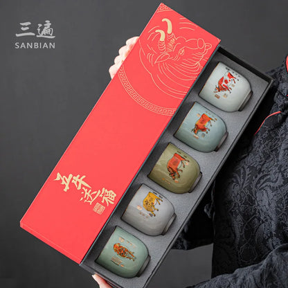 Wuniu Figure Tea Cup Set Kung Fu Tea Set Master Cup Ru Ware Single Tea Cup Year of the Ox Hand Gift Gift Set