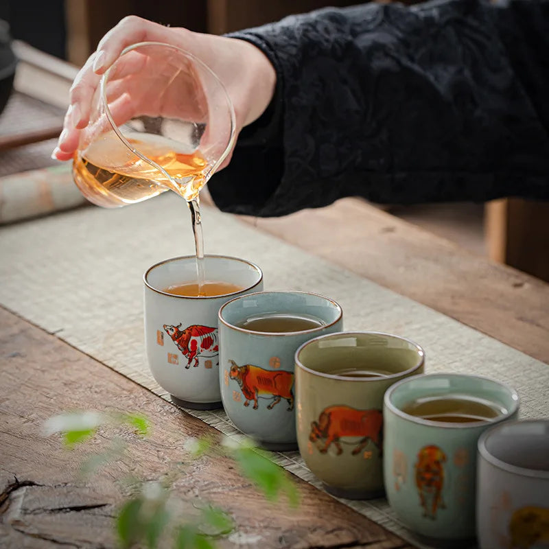 Wuniu Figure Tea Cup Set Kung Fu Tea Set Master Cup Ru Ware Single Tea Cup Year of the Ox Hand Gift Gift Set