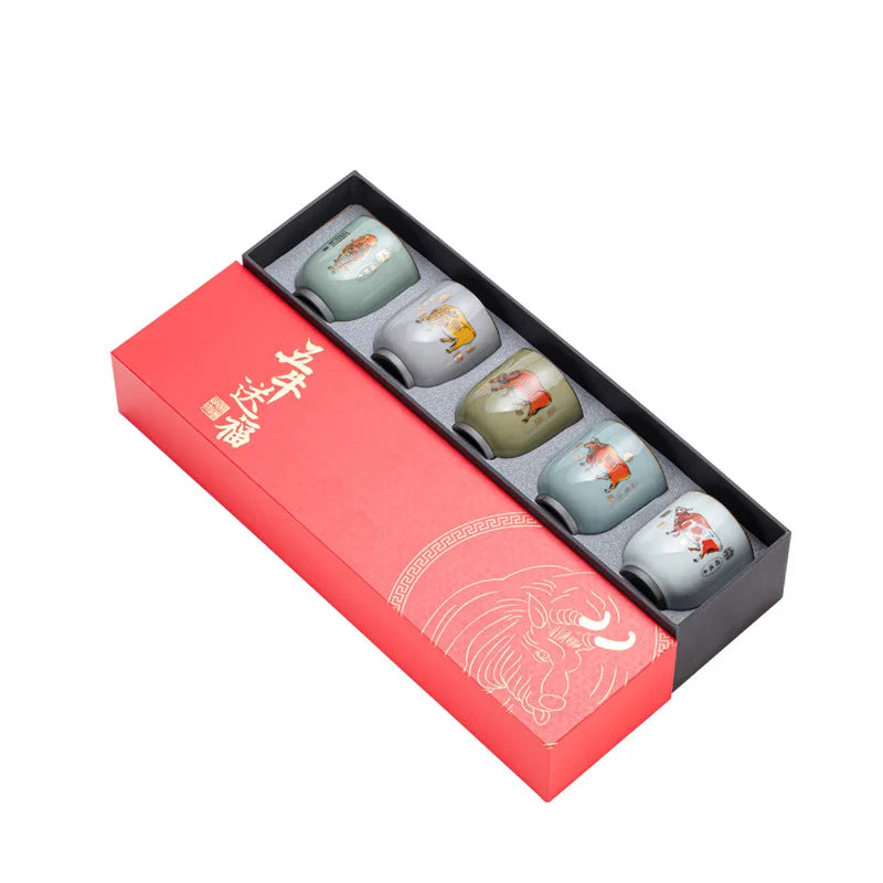 Wuniu Figure Tea Cup Set Kung Fu Tea Set Master Cup Ru Ware Single Tea Cup Year of the Ox Hand Gift Gift Set