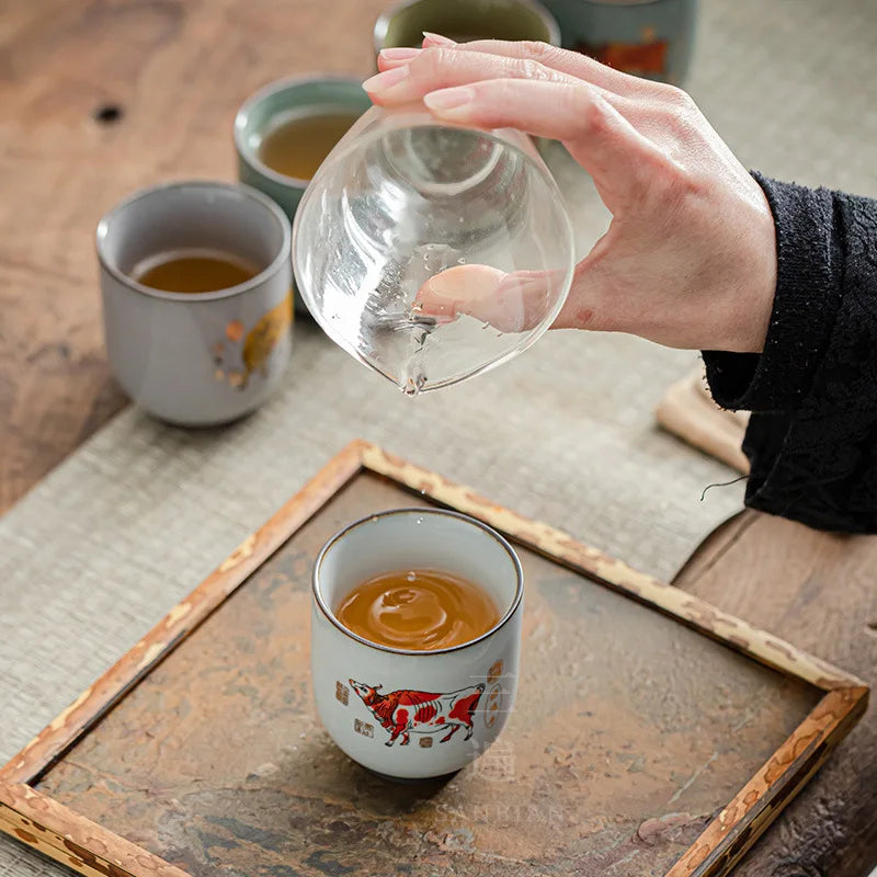Wuniu Figure Tea Cup Set Kung Fu Tea Set Master Cup Ru Ware Single Tea Cup Year of the Ox Hand Gift Gift Set