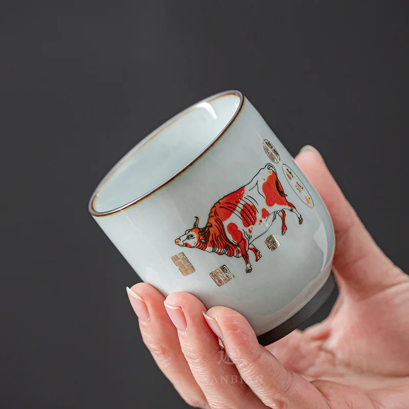 Wuniu Figure Tea Cup Set Kung Fu Tea Set Master Cup Ru Ware Single Tea Cup Year of the Ox Hand Gift Gift Set