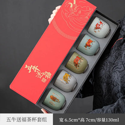 Wuniu Figure Tea Cup Set Kung Fu Tea Set Master Cup Ru Ware Single Tea Cup Year of the Ox Hand Gift Gift Set