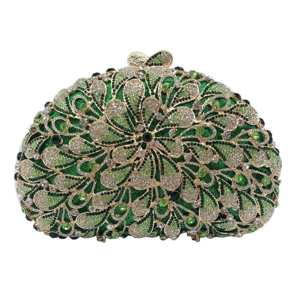 XIYUAN lady  green silver crystal Dinner wedding party clutch Bag leaf clutch party purse metal & Crystal &hollow out  stone bag