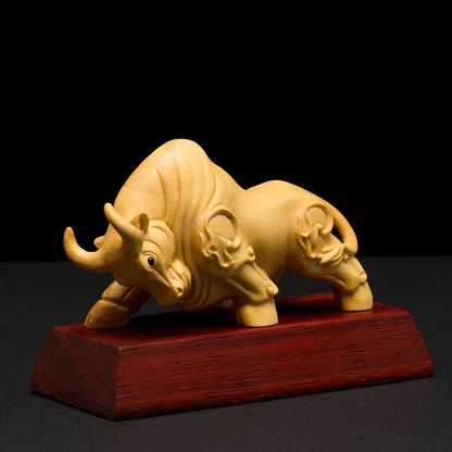 XS043-9CM Hand Carved Boxwood Carving Figurine Animal Statue Home Decor - Bull Sculpture Folk Crafts