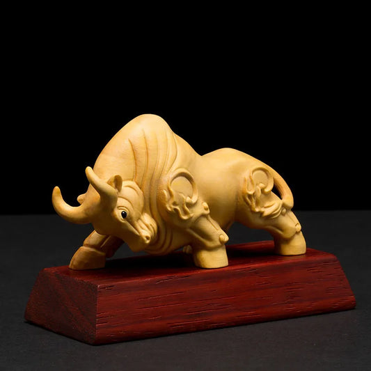 XS043-9CM Hand Carved Boxwood Carving Figurine Animal Statue Home Decor - Bull Sculpture Folk Crafts