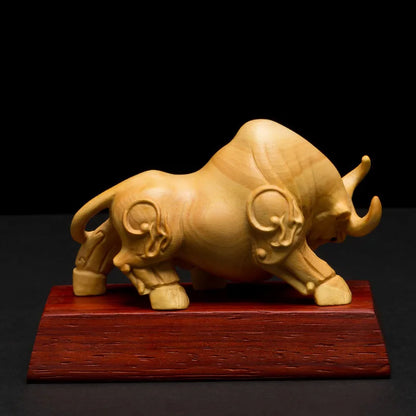 XS043-9CM Hand Carved Boxwood Carving Figurine Animal Statue Home Decor - Bull Sculpture Folk Crafts