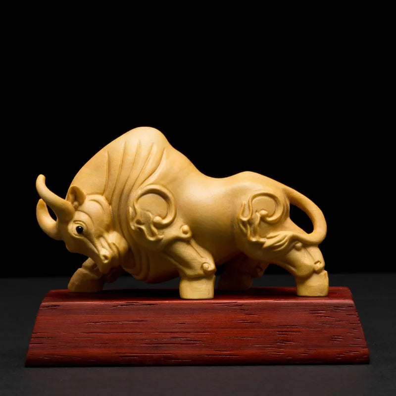 XS043-9CM Hand Carved Boxwood Carving Figurine Animal Statue Home Decor - Bull Sculpture Folk Crafts