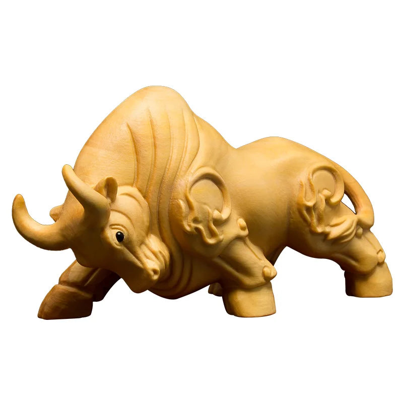 XS043-9CM Hand Carved Boxwood Carving Figurine Animal Statue Home Decor - Bull Sculpture Folk Crafts