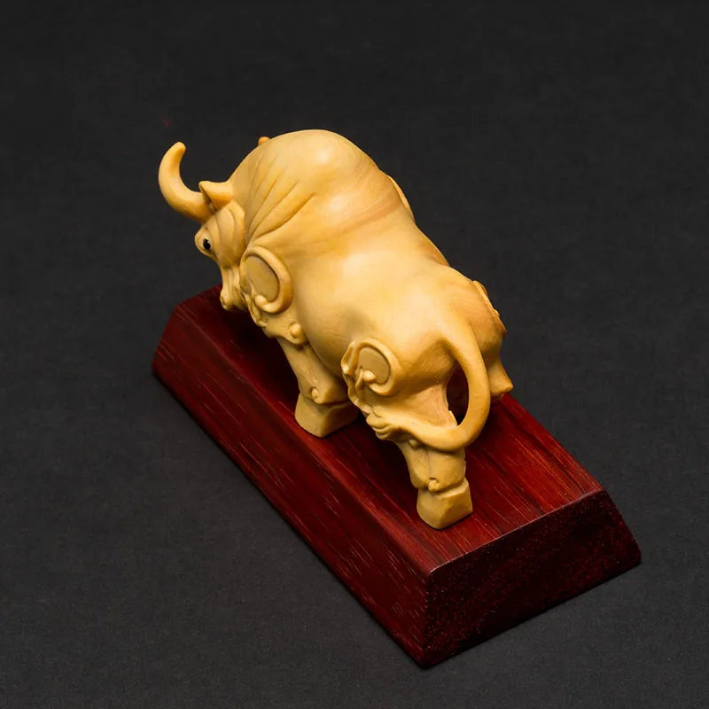 XS043-9CM Hand Carved Boxwood Carving Figurine Animal Statue Home Decor - Bull Sculpture Folk Crafts