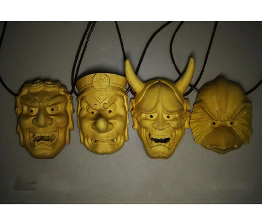 XS074-6 CM Hand Carved Boxwood Carving Japanese Mask Netsuke Home Decor -Exorcism Necklace Pendant  Prajna Tiangou  Statue