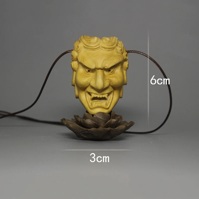 XS074-6 CM Hand Carved Boxwood Carving Japanese Mask Netsuke Home Decor -Exorcism Necklace Pendant  Prajna Tiangou  Statue