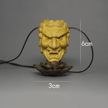 XS074-6 CM Hand Carved Boxwood Carving Japanese Mask Netsuke Home Decor -Exorcism Necklace Pendant  Prajna Tiangou  Statue