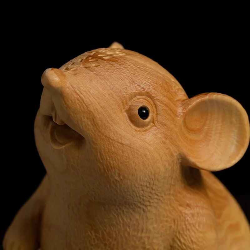 XS113-7/9CM Hand Carved Boxwood Carving Figurine Animal Statue Home Decor -Zodiac Rat Sculpture Lucky Mouse Folk Crafts