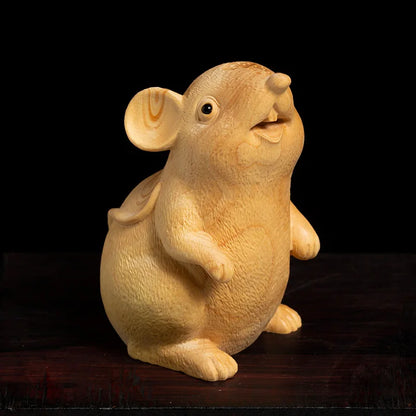 XS113-7/9CM Hand Carved Boxwood Carving Figurine Animal Statue Home Decor -Zodiac Rat Sculpture Lucky Mouse Folk Crafts
