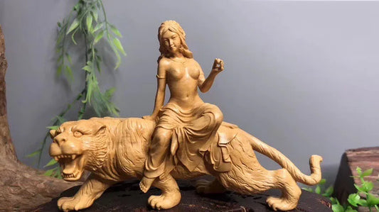 XS134-15 CM Hand Carved Boxwood Carving Figurine Animal Beauty Statue Home Decor -Beauty Riding Tiger Sculpture Folk Crafts