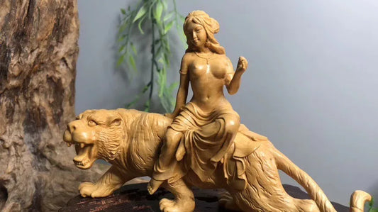 XS134-15 CM Hand Carved Boxwood Carving Figurine Animal Beauty Statue Home Decor -Beauty Riding Tiger Sculpture Folk Crafts