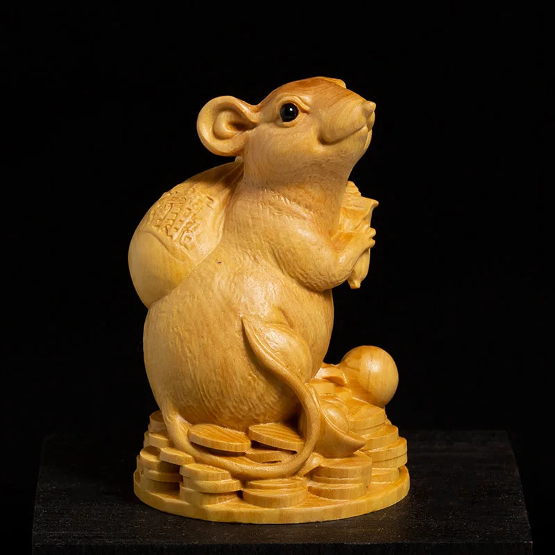 XS137-7 CM Hand Carved Boxwood Carving Figurine Animal Statue Home Decor -Rich Rat  Sculpture Folk Crafts