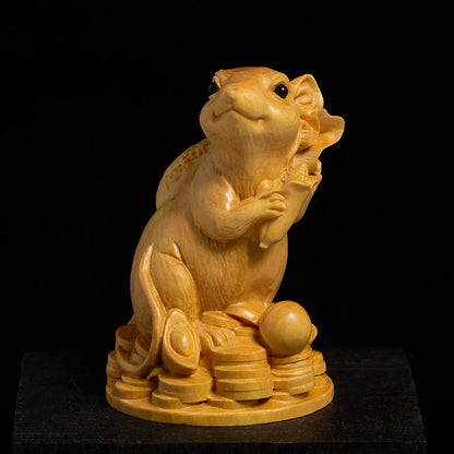 XS137-7 CM Hand Carved Boxwood Carving Figurine Animal Statue Home Decor -Rich Rat  Sculpture Folk Crafts