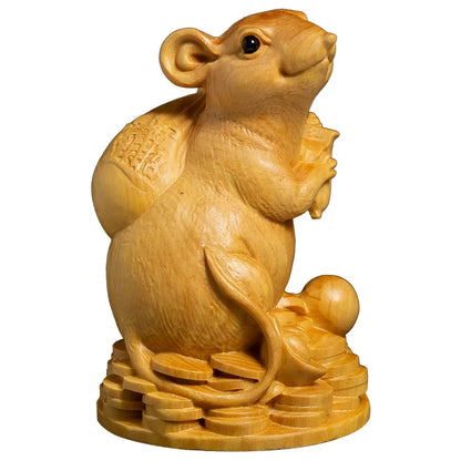 XS137-7 CM Hand Carved Boxwood Carving Figurine Animal Statue Home Decor -Rich Rat  Sculpture Folk Crafts