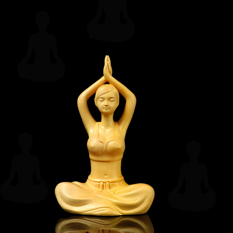 XS340-14*8.5*5.8 CM Boxwood Carving Meditation Gir Figurine Chinese Beauty Statue for Living Room