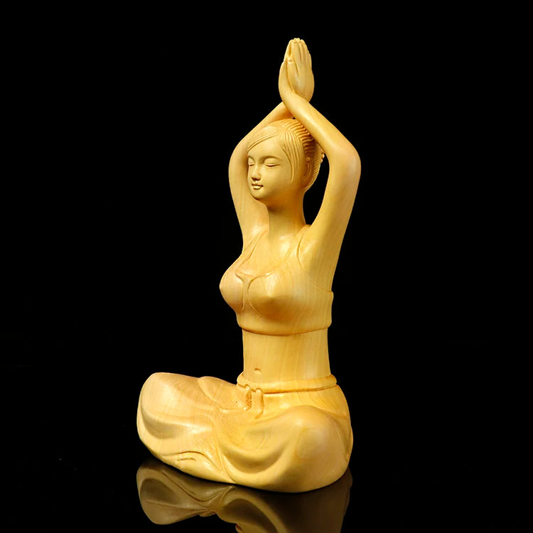 XS340-14*8.5*5.8 CM Boxwood Carving Meditation Gir Figurine Chinese Beauty Statue for Living Room