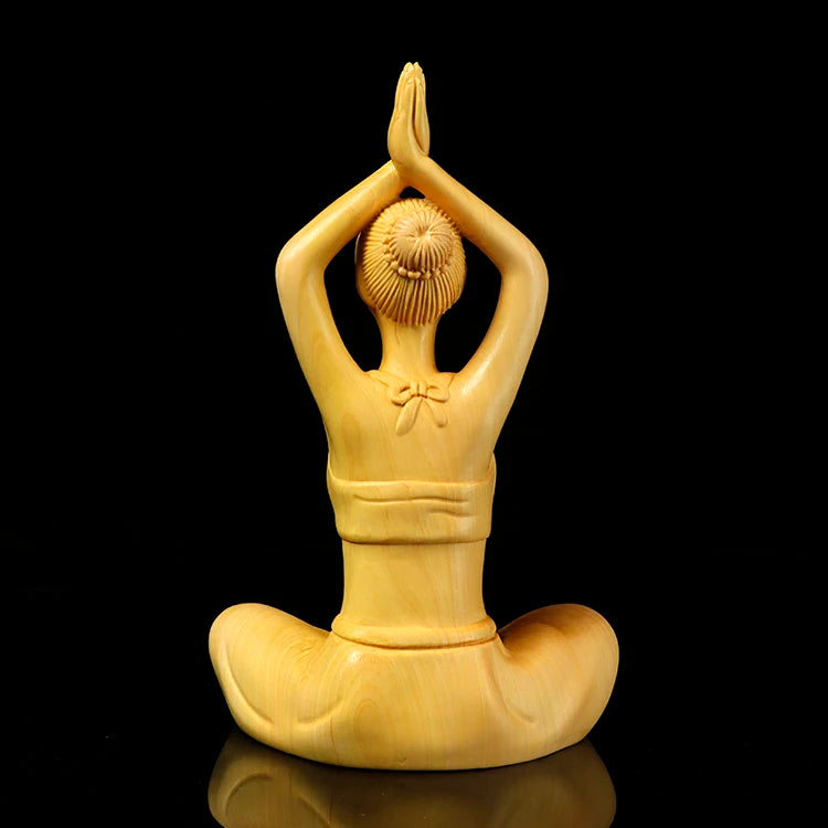 XS340-14*8.5*5.8 CM Boxwood Carving Meditation Gir Figurine Chinese Beauty Statue for Living Room