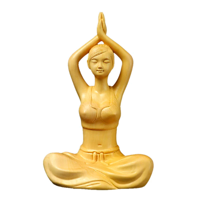 XS340-14*8.5*5.8 CM Boxwood Carving Meditation Gir Figurine Chinese Beauty Statue for Living Room