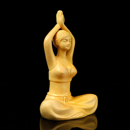 XS340-14*8.5*5.8 CM Boxwood Carving Meditation Gir Figurine Chinese Beauty Statue for Living Room