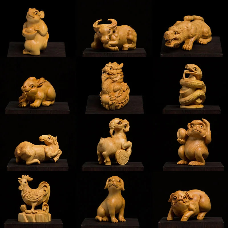 XS370- 12 Zodiac Animals Boxwood Sculpture Chinese Zodiac Statue Lucky Living Room Home Decor