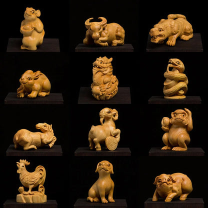 XS370- 12 Zodiac Animals Boxwood Sculpture Chinese Zodiac Statue Lucky Living Room Home Decor