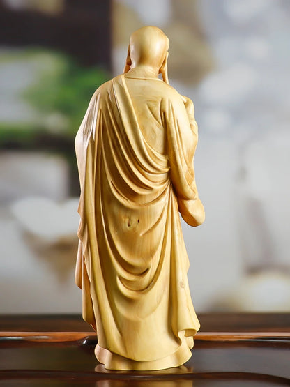 XS516- 15CM Lohan with long eyebrows Boxwood Sculpture Feng Shui Wood Carving Buddha Monk Collection Ornaments