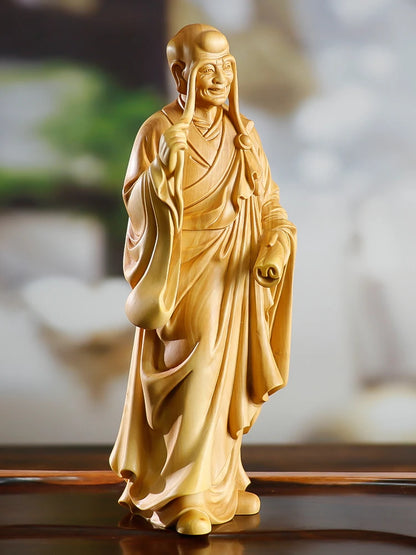 XS516- 15CM Lohan with long eyebrows Boxwood Sculpture Feng Shui Wood Carving Buddha Monk Collection Ornaments