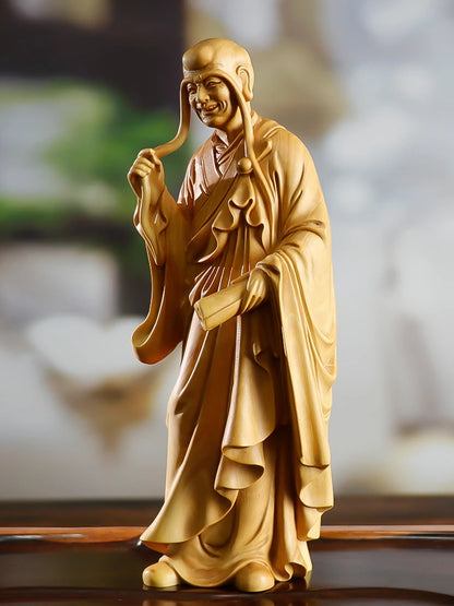 XS516- 15CM Lohan with long eyebrows Boxwood Sculpture Feng Shui Wood Carving Buddha Monk Collection Ornaments