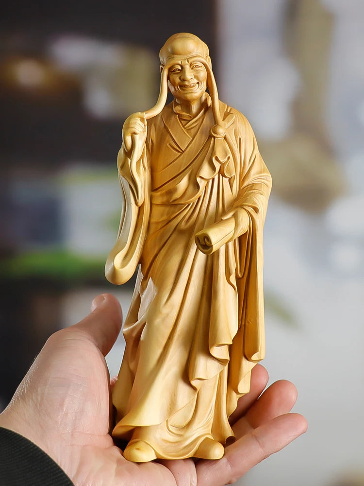 XS516- 15CM Lohan with long eyebrows Boxwood Sculpture Feng Shui Wood Carving Buddha Monk Collection Ornaments