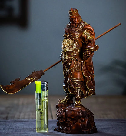 XS632- 19.5 CM Wealth God Guan Gong Boxwood Sculpture Worship Buddha Wood Carving Guanyu Warrior Statue Feng Shui Home Decor