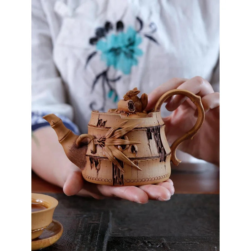 Xuandiao Yixing Famous Teapot Pure Handmade Raw Ore Squirrel Bamboo Segment Teapot Tea Set Household