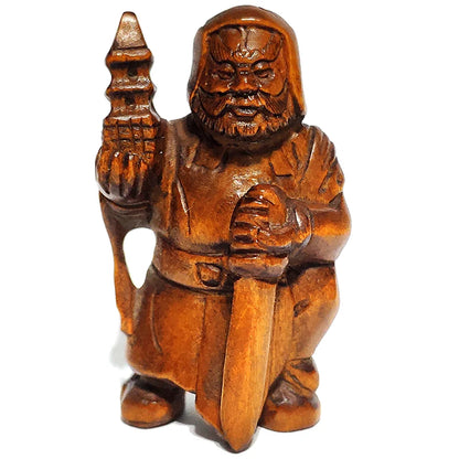 Y6457 - 2" Hand Carved Boxwood Netsuke Figurine Carving : God of Thunder Bishamonten