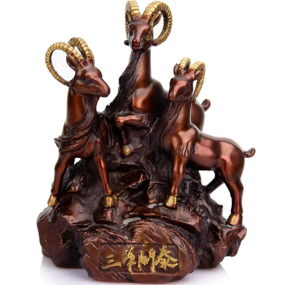 YM 522 cobre puro, tres ovejas, adornos Kai Tai, muebles de ovejas cornucopia.