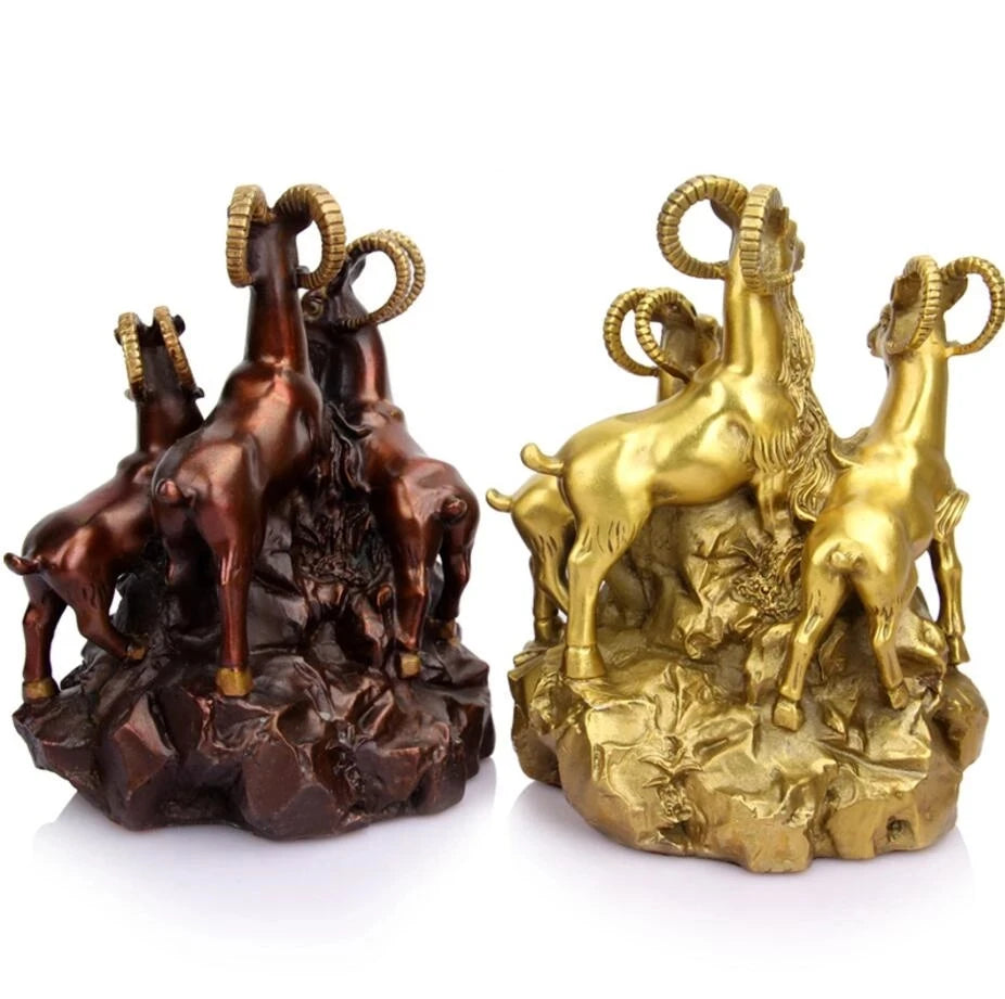YM 522 cobre puro, tres ovejas, adornos Kai Tai, muebles de ovejas cornucopia.