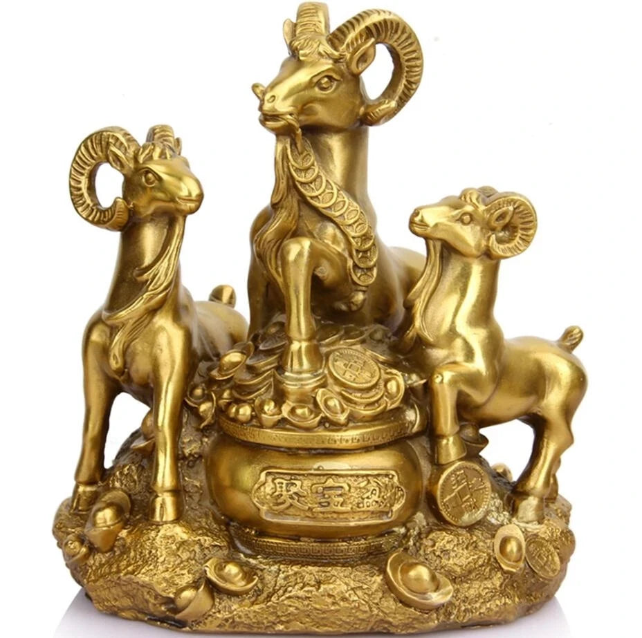 YM 522 cobre puro, tres ovejas, adornos Kai Tai, muebles de ovejas cornucopia.