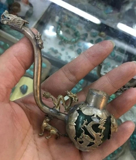 YM-pipa de cobre de Jade hecha a mano para fumar, antiguo, chino, 308