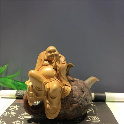 Yaibai boxwood carving Zen Maitreya Buddha small decoration solid wood carving living room desk Buddha ornamental crafts