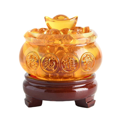 Yellow Crystal Glaze Chinese Fengshui Wealth Yuanbao Dragon Treasure Bowl Statue