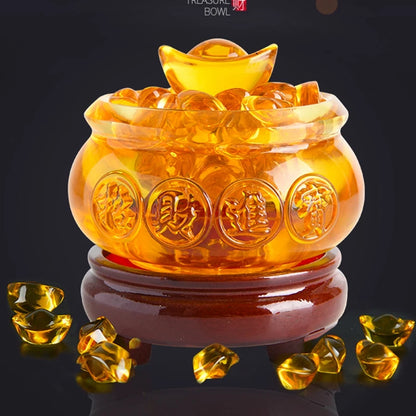 Yellow Crystal Glaze Chinese Fengshui Wealth Yuanbao Dragon Treasure Bowl Statue